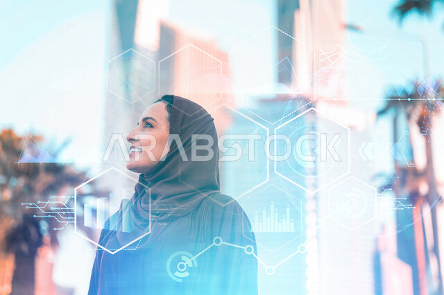 A Saudi Arabian Gulf businesswoman looks at the towers and skyscrapers with a background combined with a set of hexagons, following the graph of economic growth, success in financial trading, monitoring the economy and financial information, financial inv