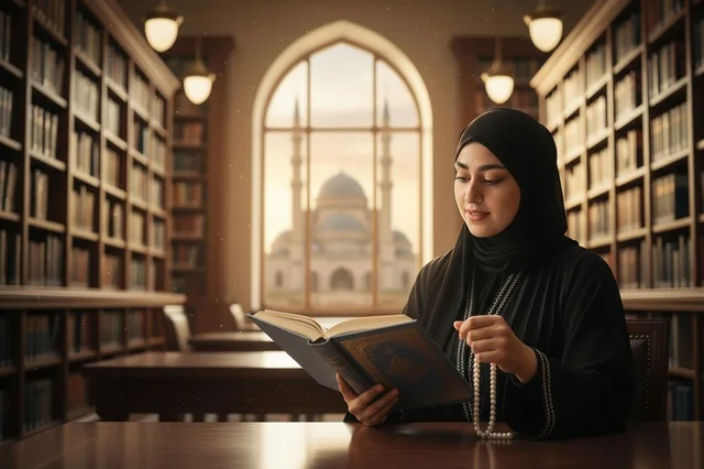Saudi Woman in Hijab Reading Book in Library