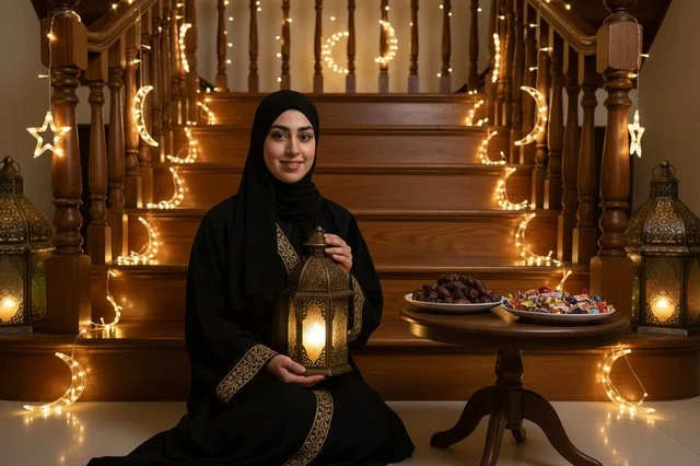 امرأة سعودية تمسك فانوس رمضان بجانب درج مزين