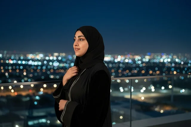 امرأة عربية بالعباءة على الشرفة مع أضواء المدينة ليلاً