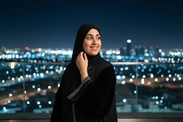 امرأة إماراتية بالعباية أمام أفق المدينة ليلاً