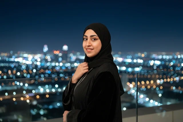 Emirati Woman in Abaya with Night City Skyline