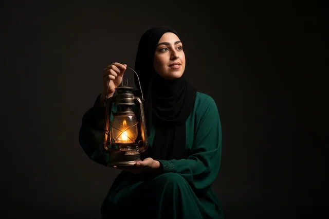 Arab Woman in Abaya Holding Traditional Lantern