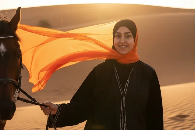 امرأة سعودية مع خيل في الصحراء وقت الغروب