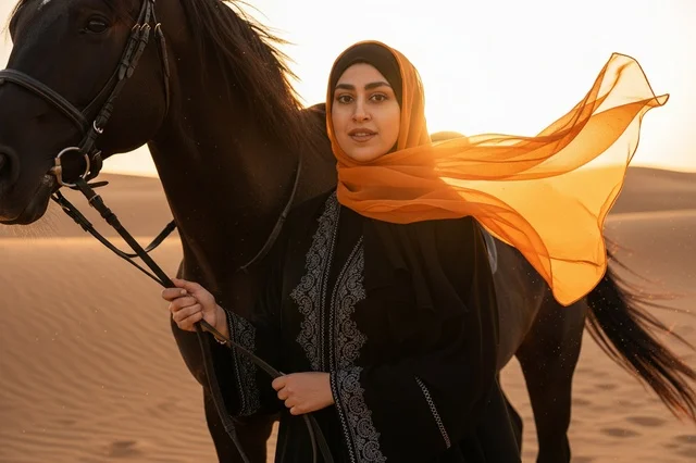 امرأة إماراتية مع خيل عربي في غروب الصحراء