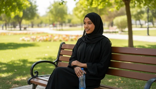 Saudi Woman in Black Abaya Sitting on Park Bench