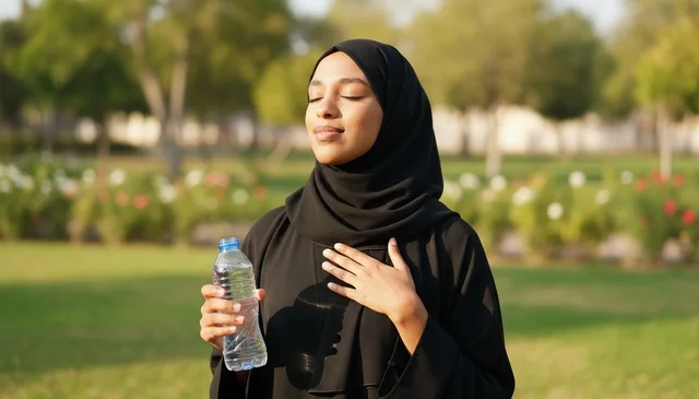 Saudi Woman in Abaya Holding Water Bottle in Park