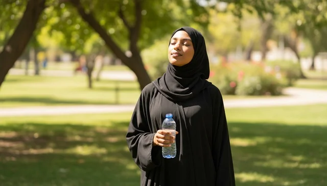 Saudi Woman in Abaya Holding Water in Sunlit Park
