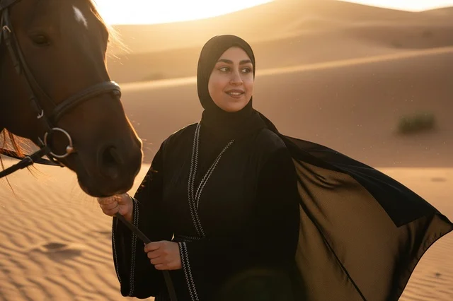امرأة إماراتية مع خيل عربي في الصحراء وقت الغروب