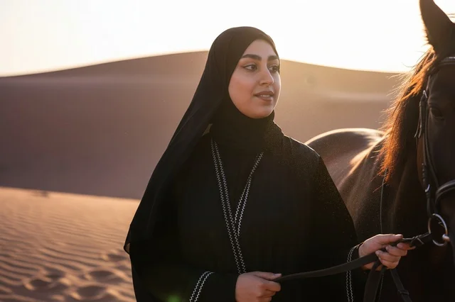 امرأة إماراتية بالعباءة السوداء مع خيل في الصحراء وقت الغروب