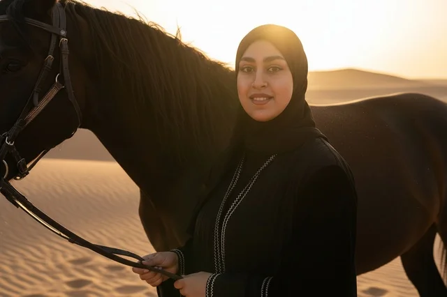Saudi Woman with Horse in Desert at Sunset