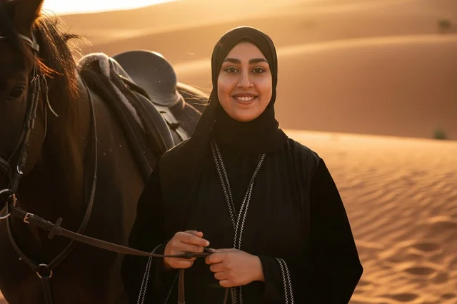 امرأة إماراتية مع خيل في الصحراء خلال وقت الغروب