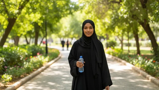 امرأة عربية بالعباءة تحمل زجاجة مياه في حديقة