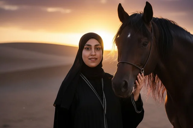 Saudi Woman with Arabian Horse in Desert Sunset Saudi Woman with Arabian Horse in Desert Sunset
