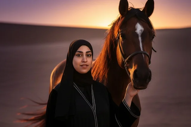 امرأة سعودية مع خيل عربي في الصحراء وقت الغروب