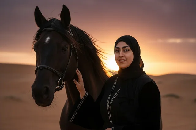 Emirati Woman with Arabian Horse in Desert at Sunset