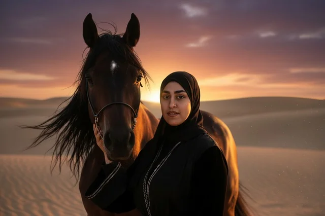 امرأة إماراتية مع خيل عربي في الصحراء عند الغروب