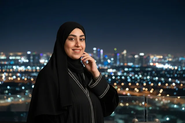 امرأة إماراتية بالعباءة أمام أفق مدينة دبي ليلاً