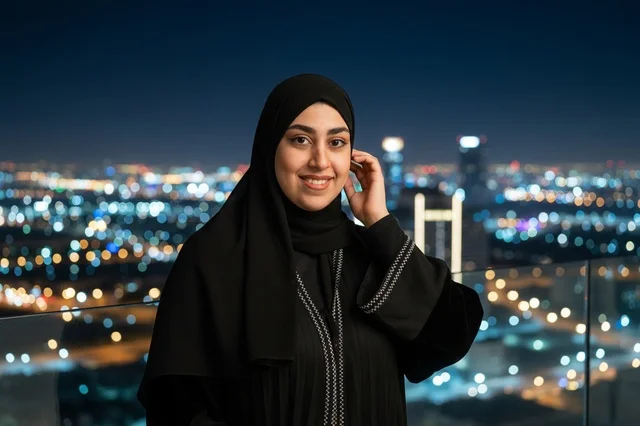 امرأة سعودية بالعباءة تطل على أضواء مدينة الرياض