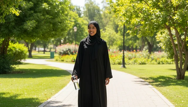 امرأة إماراتية بالعباءة السوداء تمشي في حديقة عامة