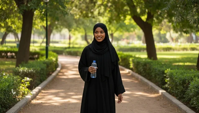 امرأة عربية بعباءة تمشي في الحديقة مع زجاجة ماء