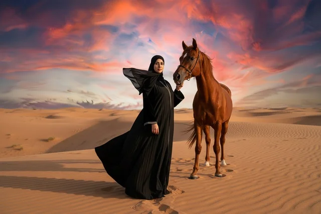 Emirati Woman with Horse in Desert Sunset