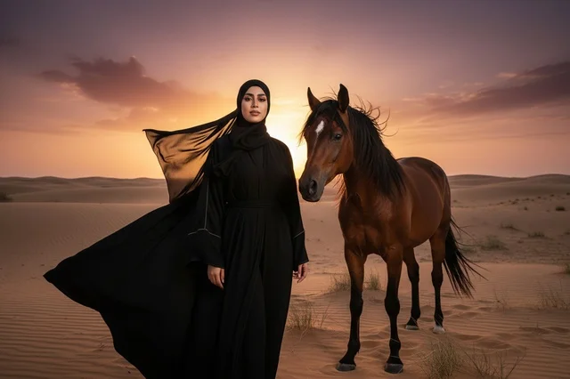 امرأة عربية مع خيل في الصحراء وقت الغروب