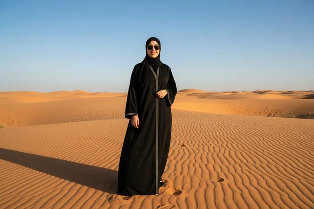 امرأة إماراتية بالعباءة السوداء في الكثبان الرملية الصحراوية