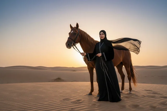 Emirati Woman with Arabian Horse in Desert at Sunset