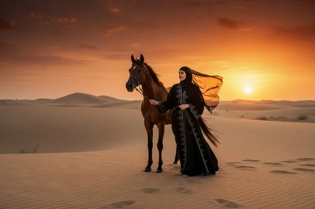 امرأة عربية مع حصان في الصحراء عند الغروب