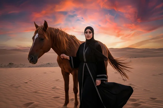 Arab Woman in Black Abaya with Horse in Desert Sunset