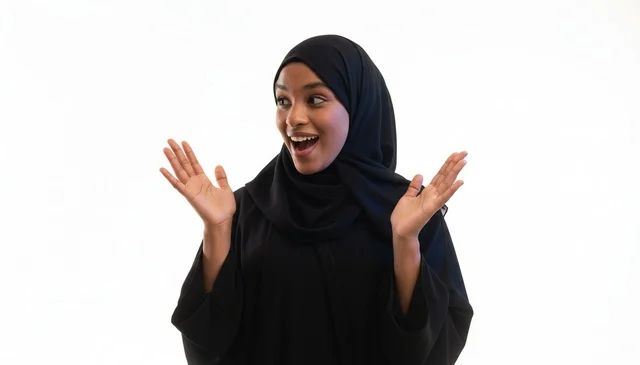 Surprised Saudi Woman in Black Abaya on White Background