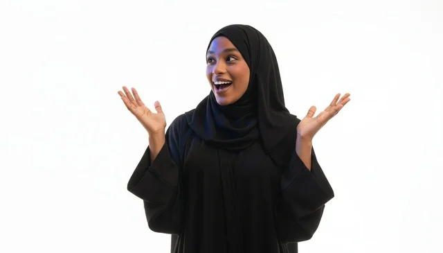 Excited African Woman in Black Abaya on White Background