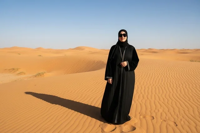 Emirati Woman in Black Abaya in UAE Desert Dunes