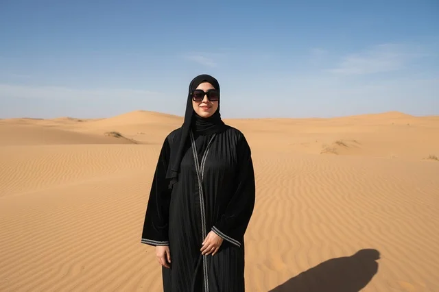 Emirati Woman in Black Abaya in Desert Landscape