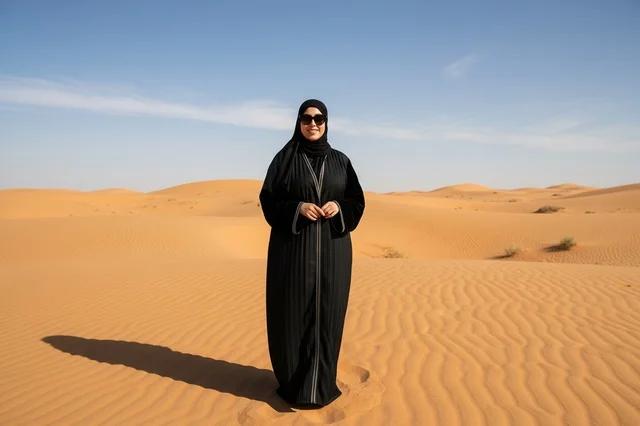امرأة سعودية بالعباءة السوداء تقف في الصحراء
