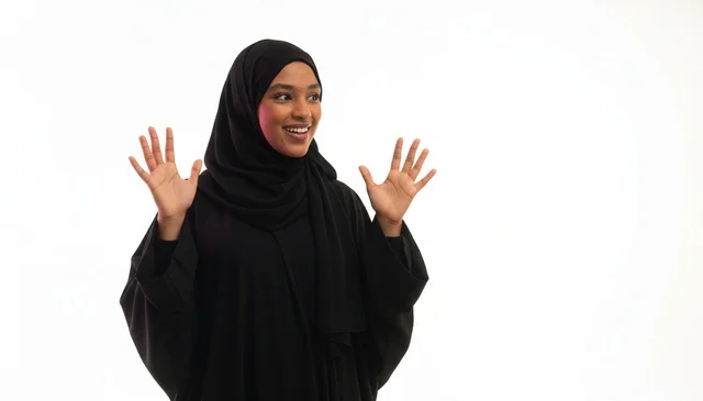 Emirati Woman in Black Abaya Gesturing on White Background