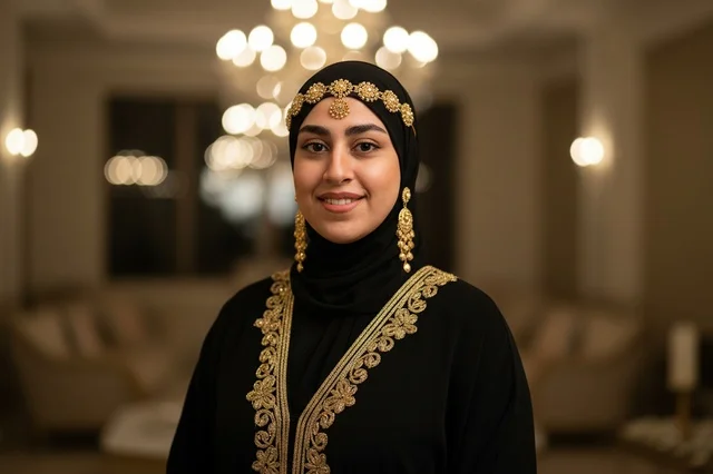Emirati Woman in Traditional Abaya and Gold Jewelry