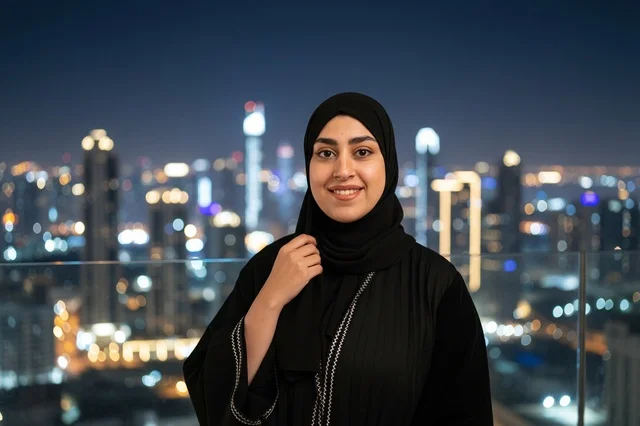Emirati Woman in Abaya with Night City Skyline