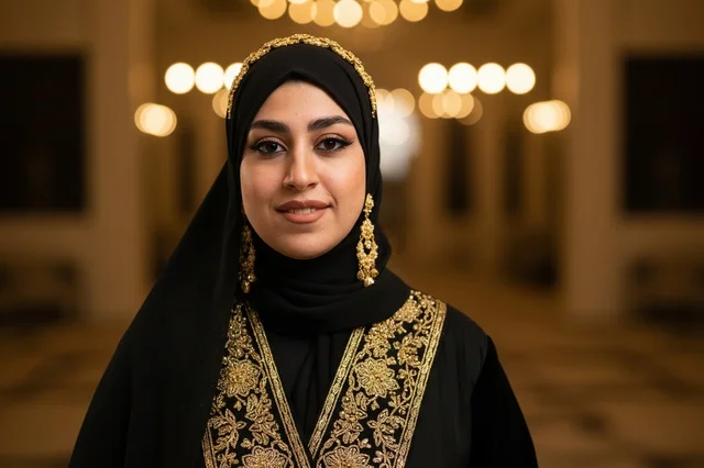 Emirati Woman in Traditional Black Abaya with Gold