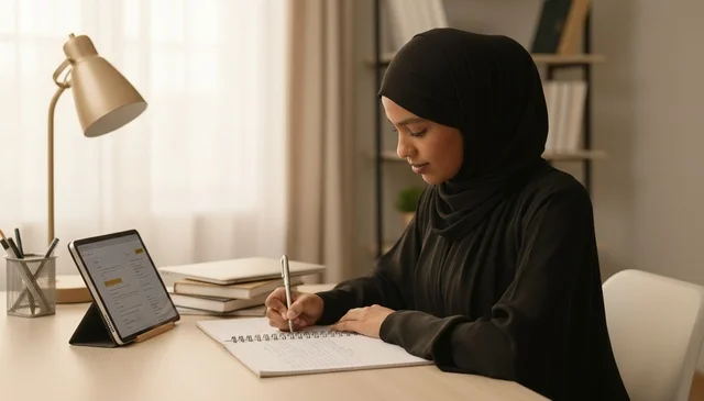 Arab Woman Writing at Desk with Tablet in Abaya