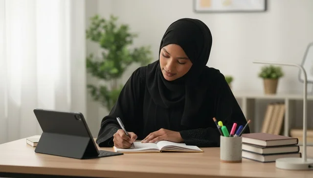 Arab Woman in Hijab and Abaya Writing at Office Desk