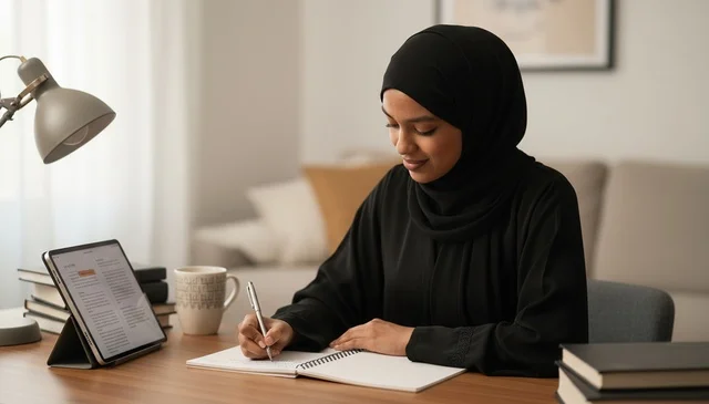 A Saudi woman in a hijab is writing at a work desk.