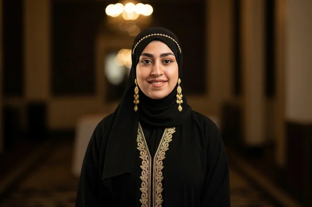 Emirati Woman in Traditional Black Abaya and Gold Jewelry