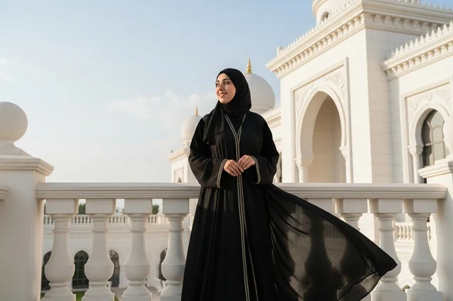Emirati Woman in Black Abaya at White Islamic Building