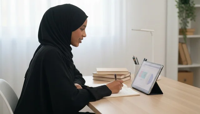 Arab Woman in Abaya Working on Tablet at Desk