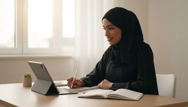 Saudi Woman in Abaya Working on Tablet in Bright Office