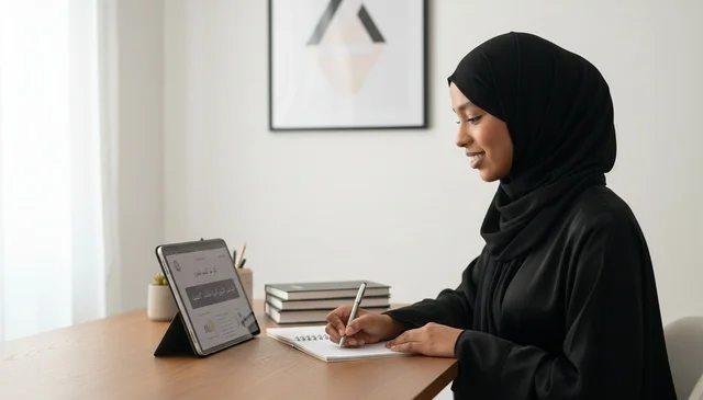 امرأة أفريقية بالحجاب تعمل على جهاز لوحي في المكتب
