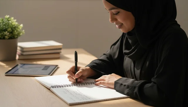 A Saudi woman in a black abaya is writing at a desk.
