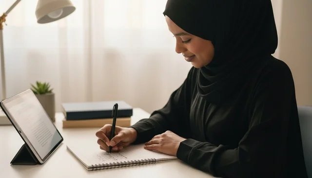 Saudi Woman in Black Abaya Writing at Office Desk